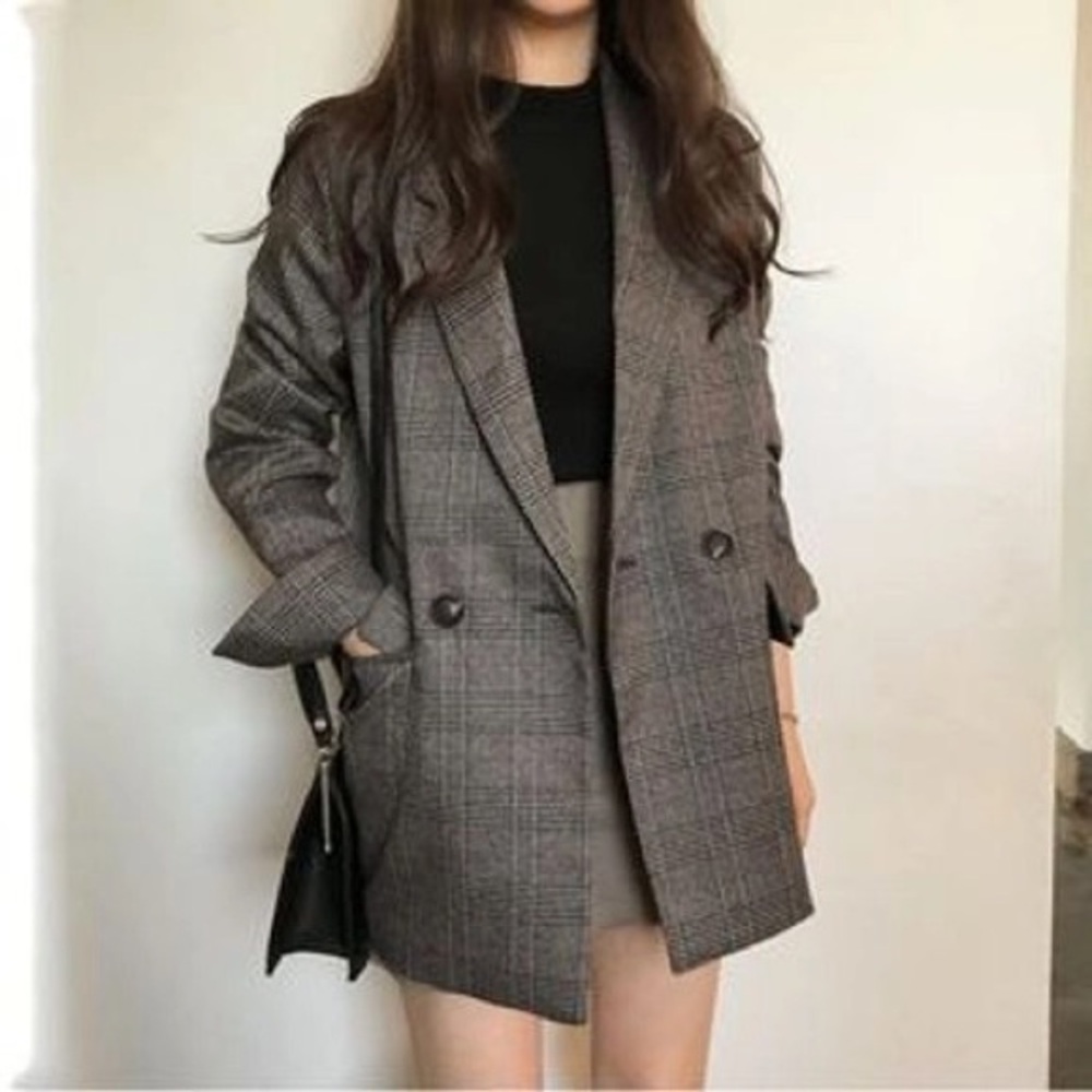Soswift - Double Breasted Plaid Blazer